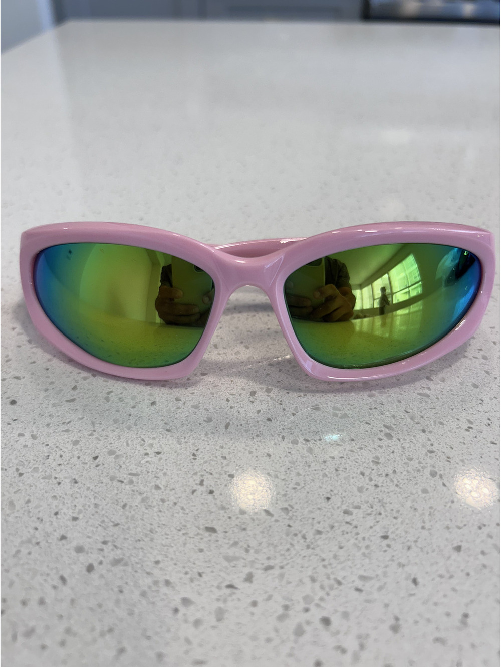 Pink Frame Sunglasses with Green Reflective Lenses